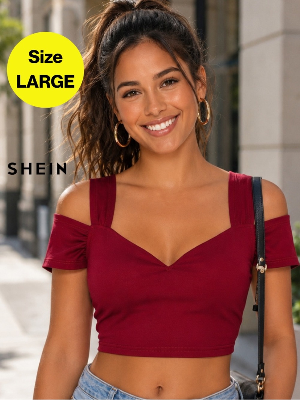 3/for $15 🍒 SHEIN Red Wine Off-Shoulder Crop Top (Women’s Size Large)